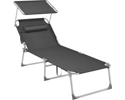 SONGMICS Zonnebank, ligstoel, tuinstoel, extra groot, 71 x 200 x 38 cm, belastbaar tot 150 kg, met hoofdsteun en luifel, verstelbare rugleuning, opklapbaar, tuin, antraciet