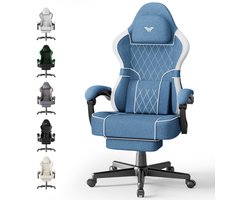 Soontrans-Blauw-Gaming Stoel-met Inklapbare Voetensteun- Gamestoel Verstelbaar Rugleuning-Ergonomische Gaming Chair-als Bureaustoel-Uitgerust Met Hoofdsteun en Lendensteun-Katoen-Linnen Mix-Computerstoel Gaming-Voor Volwassenen en Jongeren