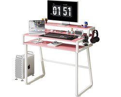 Soontrans-Bureau-Computerbureau Met Monitorstandaard- Bureautafel Lades-Gaming Bureau Met Hoofdtelefoonhaak- Bekerhouder-PC-Tafel-Hoekbureau-Computertafel Eenvoudig te Monteren-Ruimtebesparend-Bureau voor Kantoor-Studeerkamer-Slaapkamer-Roze