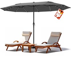 Soontrans – Dubbele Parasol 4.6x2.7 M – Met LED-Verlichting – UV Bescherming 50+ & Waterdicht – XXL Duo-Parasol – Tuin en Terras – Tuinparasol – Strandparasol – Parasol Zonder Voet – Donkergrijs
