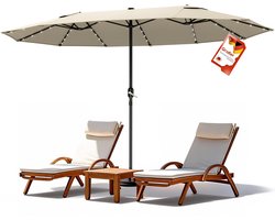 Soontrans – Dubbele Parasol 4.6x2.7 M – Met LED-Verlichting – UV Bescherming 50+ & Waterdicht – XXL Duo-Parasol – Tuin en Terras – Tuinparasol – Strandparasol – Parasol Zonder Voet – Kaki