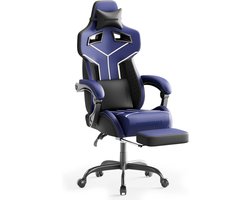Soontrans Ergonomische Gaming Stoel, Racegamerfauteuil, Gestoffeerde Gamingstoel, Bureaustoel, Computerstoel Met Voetsteun, Verstelbaar Lendenkussen, Hoofdsteun, Gamestoel Voor Volwassenen en Tieners,Blauw