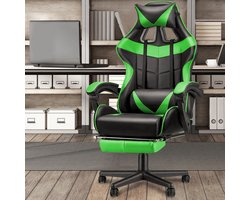 Soontrans Groen-Gaming Stoel met Inklapbare Voetensteun, Gamestoel Verstelbaar Rugleuning, Armsteun, Ergonomische Gaming Chair als Bureaustoel, Uitgerust Met Hoofdsteun en Lendensteun, PU Kunstleer Computerstoel Gaming Voor Volwassenen en Jongeren