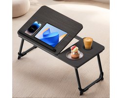 Soontrans Laptoptafel - Opvouwbaar Bedtafel - Banktafel - In 5 Standen Laptoptafel Verstelbaar - 63x27x33cm Laptoptafeltje Hout - Laptopstandaard - Ontbijttafel - Ontbijt op Bed Met Bekerhouder, Geborsteld Zwart