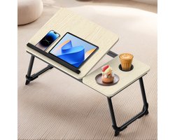 Soontrans Laptoptafel - Opvouwbaar Bedtafel - Banktafel - In 5 Standen Laptoptafel Verstelbaar - 63x27x33cm Laptoptafeltje Hout - Laptopstandaard - Ontbijttafel - Ontbijt op Bed Met Bekerhouder, Witte Esdoorn