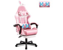 Soontrans Roze-Gaming Stoel met Inklapbare Voetensteun, Gamestoel Verstelbaar Rugleuning, Armsteun, Ergonomische Gaming Chair als Bureaustoel, Uitgerust Met Hoofdsteun en Lendensteun, PU Kunstleer Computerstoel Gaming Voor Volwassenen en Jongeren