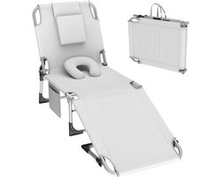 Soontrans - Strand Ligstoel Opvouwbaar - Zonnebed In 4 Standen Verstelbare Rugleuning - Ligbed Met Hoofdsteun - Ligstoel Met Gezichtsopening - Tuinligstoel Inclusief Zijvakken - Draagbare Strandligstoel - Lichtgrijs
