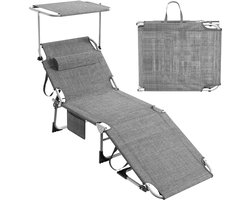 Soontrans - Strand Ligstoel Opvouwbaar - Zonnebed In 4 Standen Verstelbare Rugleuning - Ligbed Met Hoofdsteun - Ligstoel Met Gezichtsopening - Tuinligstoel Inclusief Zijvakken - Draagbare Strandligstoel - Ligstoel met Zonneluifel - Linnen Grijs
