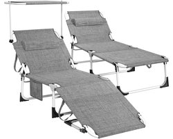 Soontrans - Strand Ligstoel Opvouwbaar - Zonnebed In 4 Standen Verstelbare Rugleuning - Ligbed Met Hoofdsteun - Ligstoel Met Gezichtsopening - Tuinligstoel Inclusief Zijvakken - Draagbare Strandligstoel - Ligstoel met Zonneluifel - Linnen Grijs-2pcs