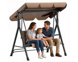 Soontrans - Tuinschommel 3-Zits Met Verstelbaar Zonnedak - Schommelbank Antislip voetsteunen - Hollywoodschommel - Tuinhangmat - Stevig Metalen Frame Voor Tuin Terras - Hangmatbank 175.5x110x152cm - Tuinhangmat Weerbestendig Met Kussen - Donkerbruin