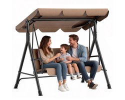 Soontrans - Tuinschommel 3-Zits Met Verstelbaar Zonnedak - Schommelbank Antislip voetsteunen - Hollywoodschommel - Tuinhangmat - Stevig Metalen Frame Voor Tuin Terras - Hangmatbank 193x110x152cm - Tuinhangmat Weerbestendig Met Kussen - Donkerbruin
