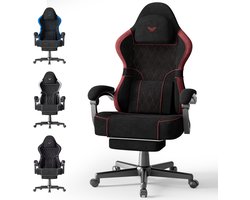 Soontrans-Zwart-Rood-Gaming Stoel-met Inklapbare Voetensteun-Gamestoel Verstelbaar Rugleuning-Ergonomische Gaming Chair-als Bureaustoel-Uitgerust Met Hoofdsteun en Lendensteun-Geborsteld Fluweel-Computerstoel Gaming-Voor Volwassenen en Jongeren