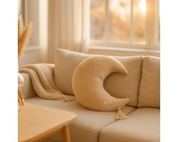 Soosie - Sierkussen Maan – Kussentje - Teddy Bouclé – Ø 50 cm – Beige – met kwastje