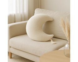 Soosie - Sierkussen Maan – Kussentje - Teddy Bouclé – Ø 50 cm – Crème – met kwastje
