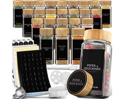 Soothe 24 Glazen Kruidenpotjes Vierkant met Bamboe Deksel – 2 Soorten Strooideksels – Kruidenstrooier – Spice Jars – Complete Set incl Kruiden Stickers, Krijtstift en Accessoires – 120ml