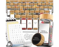 Soothe 48 Glazen Kruidenpotjes Vierkant met Bamboe Deksel – 2 Soorten Strooideksels – Kruidenstrooier – Spice Jars – Complete Set incl Kruiden Stickers, Krijtstift en Accessoires – 120ml
