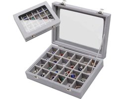 Soroh® - Sieradendoos - opbergdoos - sieradenbox - met afdekking - 24 vakjes - sieradenorganizer voor ringen - Grijs - met deksel - 20x15x5.2 cm
