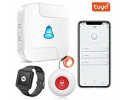 SOS Knop | Met Display | Veiligheid voor Ouderen | Knop & Horloge | Pager functie | 2,4Ghz | Krijg overal een melding | Visueel & Hoorbaar Alarm | Plak op Muur, Tafel of op een Rolstoel