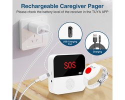 SOS Knop | Met Display | Veiligheid voor Ouderen | Pager functie | 2,4Ghz | Krijg overal een melding | Visueel & Hoorbaar Alarm | Plak op Muur, Tafel of op een Rolstoel | Kan ook om nek gedragen word