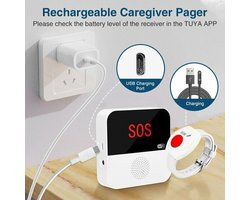 SOS Knop | Met Display | Veiligheid voor Ouderen | Pager functie | 2,4Ghz | Krijg overal een melding | Visueel & Hoorbaar Alarm | Plak op Muur, Tafel of op een Rolstoel | Kan ook om nek gedragen word