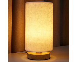 Sounix Nachtkastje lamp - Tafellamp - Minimalistische houten voet - Ronde stoffen kap - Warm witte nachtkastje Boho-lamp - Beige