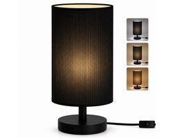 Sounix Nachtkastje lamp - Tafellamp - Minimalistische houten voet - Ronde stoffen kap - Warm witte nachtkastje Boho-lamp - Zwart