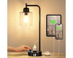 Sounix Tafellamp - Industriële Nachtkastlamp - met 2 USB-poorten 1 stopcontact - 3-traps dimbare Bureaulamp - Incl. 1 LED-lamp