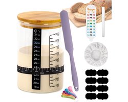 Sourdough starter set 900ml - fermenting set met houten deksel - 2 thermometers - datum voedband - 8 labels - 5 lepels - pen - spatel - doekhoed - zuurdesemcontainer voor broodmanden - bakken