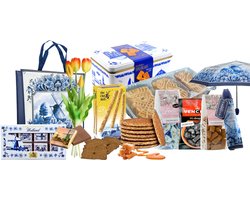 Souvenirs Holland - Cadeaupakket - 9 Hollandse cadeautjes - Delfts blauw shopper - Stroopwafels - kunst tulpen - Speculaas - koekblik - souvenir