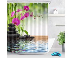 Spa Douchegordijn Paarse orchidee Groene bamboe Japans Bad Gordijn met Haken,Waterdicht Antischimmel Polyester Badkamer Decor,150x180cm