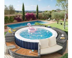 Spa- en Zwembad Loungeset – Novihome Luxury Pool & Spa Furniture – Grijze PE-Rotan Zwembadrand met Acaciahout & Opbergruimte – Rond Model – Inclusief Kussens – Verstelbare Poten – Perfect voor Jacuzzi, Whirlpool & Tuin