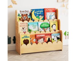 SpaceAid 3-Laags Montessori Boekenkast met Golfrand - Houten Opbergmeubel voor Kleuters - Kinderkamer, Speelkamer, Babykamer & Klaslokaal (Natuurlijk Hout)