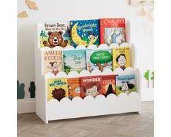 SpaceAid 3-Laags Montessori Boekenkast met Golfrand - Houten Opbergmeubel voor Kleuters - Kinderkamer, Speelkamer, Babykamer & Klaslokaal (Wit Hout)