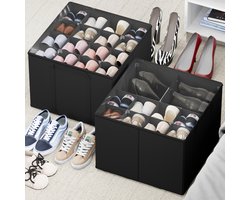 SpaceAid Schoenenorganizer voor Kasten (2 Stuks), Vouwbare Schoenenopslagbakken met Instelbare Delers, Past 16-32 Schoenenparen – Zwart