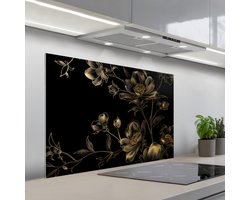 Spatscherm 100x65 cm - Zelfklevende achterwand Bloemen - Zwart - Goud - Line art - Keuken muurbeschermer - Spatwand fornuis