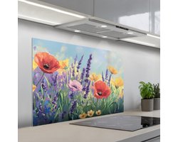 Spatscherm 100x65 cm - Zelfklevende achterwand Weide - Bloemen - Kleurrijk - Keuken muurbeschermer - Spatwand fornuis