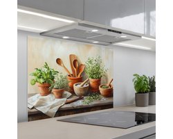 Spatscherm 80x60 cm - Zelfklevende achterwand Potten - Kruiden - Hout - Keuken muurbeschermer - Spatwand fornuis