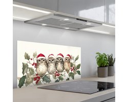 Spatscherm 90x45 cm - Zelfklevende achterwand Uilen - Tak - Hulstblaadjes - Kerstmuts - Keuken muurbeschermer - Spatwand fornuis