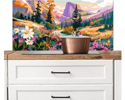 Spatscherm keuken 100x50 cm - Kookplaat achterwand Rivier - Vallei vol bloemen - Levendig - Muurbeschermer - Spatwand fornuis - Hoogwaardig aluminium