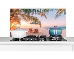 Spatscherm keuken 100x50 cm - Kookplaat achterwand Strand - Palmbomen - Parasol - Muurbeschermer - Spatwand fornuis - Hoogwaardig aluminium