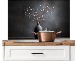 Spatscherm keuken 100x65 cm - Kookplaat achterwand Takken - Vaas - Bolletjes - Wit - Muurbeschermer - Spatwand fornuis - Hoogwaardig aluminium