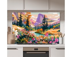 Spatscherm keuken 120x80 cm - Kookplaat achterwand Rivier - Vallei vol bloemen - Levendig - Muurbeschermer - Spatwand fornuis - Hoogwaardig aluminium