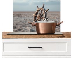 Spatscherm keuken 70x50 cm - Kookplaat achterwand Scheepsstuur - Hout - Bruin - Zand - Muurbeschermer - Spatwand fornuis - Hoogwaardig aluminium