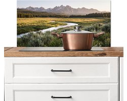 Spatscherm keuken 80x40 cm - Kookplaat achterwand Berglandschap - Rivier - Bos - Muurbeschermer - Spatwand fornuis - Hoogwaardig aluminium