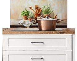 Spatscherm keuken 80x40 cm - Kookplaat achterwand Potten - Kruiden - Hout - Muurbeschermer - Spatwand fornuis - Hoogwaardig aluminium