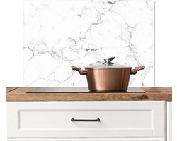 Spatscherm Keuken - Kookplaat Achterwand - Spatwand Fornuis - 90x60 cm - Marmer print - Wit - Grijs - Luxe - Marmerlook - Structuur - Aluminium - Wanddecoratie - Muurbeschermer - Hittebestendig - Spatwand