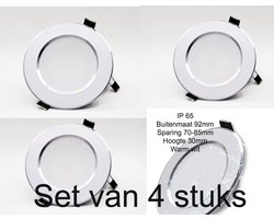 Spatwaterdichte Led Inbouwspot set van 4 stuks– Warm Wit Licht 3000K – IP65 Geschikt voor Badkamer, Buiten, Gang of Woonkamer – 92mm Buitenmaat, 70-85mm Sparing