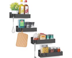 Specerijen Rek voor Fridge met Haken - Magnetisch & Ruimtebesparend - Zwart [4 Pak] kruidenrek ophangbaar