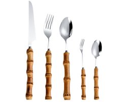 Speciaal bamboe handvat keuken roestvrij staal zilver bestek servies bestek mes vork lepel set huishoudelijk steakmes dessertlepel (zilver, 5 stuks)