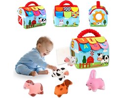 Speelgoed 6-12 maanden, Montessori 1 jaar baby speelgoed, verrassing schuur pluish boerderij dieren set, met klok, bel papier en spiegel, 1 jaar baby vroeg leren zintuigen leren speelgoed cadeau